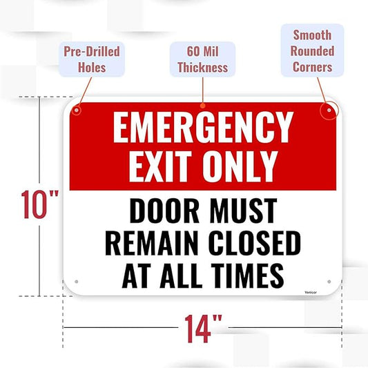 2PC Emergency Exit Only Sign, 14 x 10 Inches - Aluminum - Door Must Remain Closed At All Times