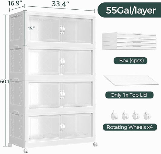 220Gal Stackable Storage Bins with Lid, 880Qt Extra Large Collapsible Storage Box with Doors and Wheels, Plastic Closet Organizer and Storage Cabinet Drawer For Home Kitchen, 4Pack White