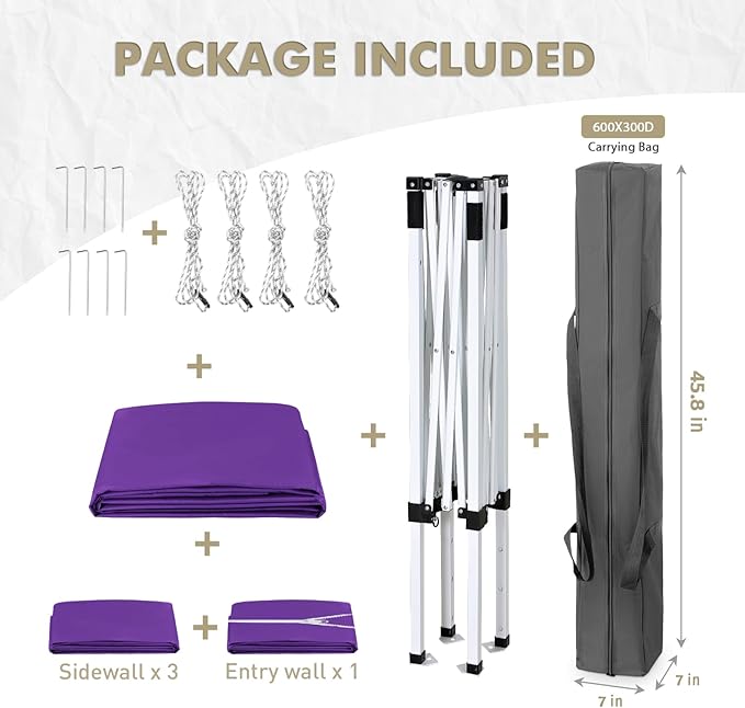 EAGLE PEAK 5x5 Instant Canopy with 4-Side Wall Panels, Small Pop up Portable Canopy Tent with Carry Bag, Light Weight Sun Shelter for Sports, Camping and Beach, Purple