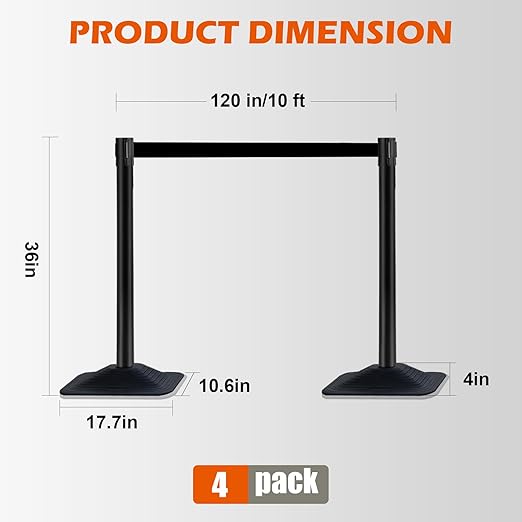 4 Pack Crowd Control Stanchion Set, Black Posts with 10FT Retractable Belt, Space-Saving Rectangular Heavy Base, Queue Barrier for Events & Traffic Management