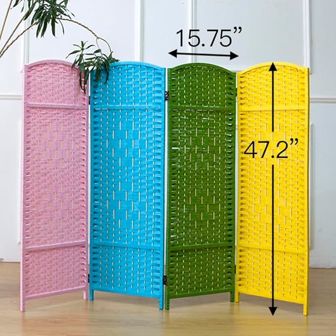 4 Panel Rattan Divider Short Room Partition Screen,Double Sided Folding Divider for Room Separation,Colorful,47.2" H x 63" W
