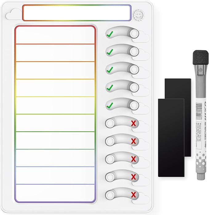 Chore Chart for Kids Dry Erase Chore Board ADHD Tools for Kids to Do List Checklist Task Board Routine Chart Planning Board for Fridge with 10 Sliders and Magnetic Marker, White and Rainbow, 1 Pack