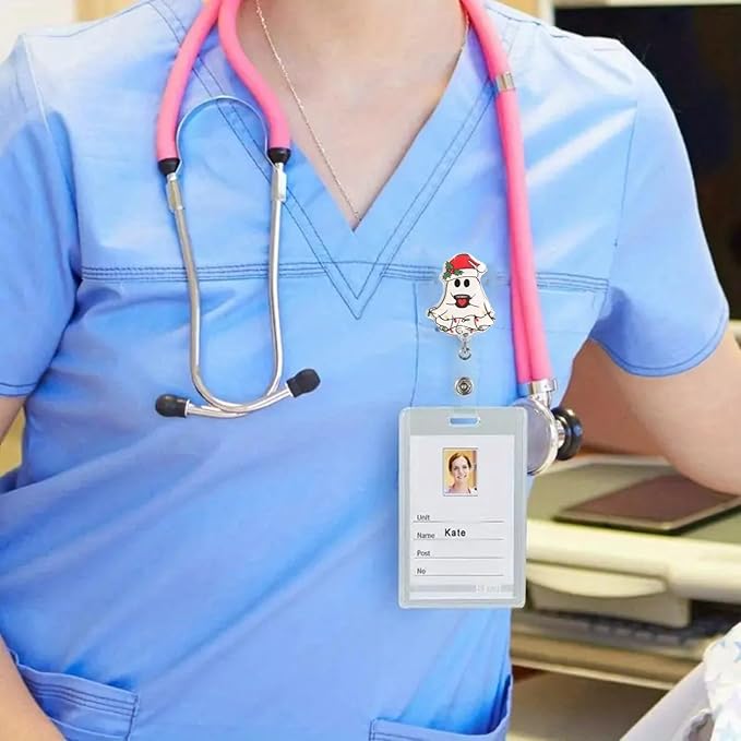 Christmas Heart Ghost Badge Reel Winter Holly Badge Holder with Acrylic Alligator Clip Cute Gifts for Nurse Nursing Medical Worker & Teacher Student Name Tag Decor | with 24” Durable Nylon Cord