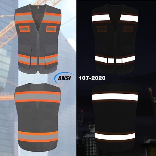 TCCFCCT Mesh Reflective Safety Vest with Pockets High Visibility Vest for Men Women, Work Vest with Fluorescent Orange Extend Edge, Meets ANSI/ISEA Standards, Grey, S