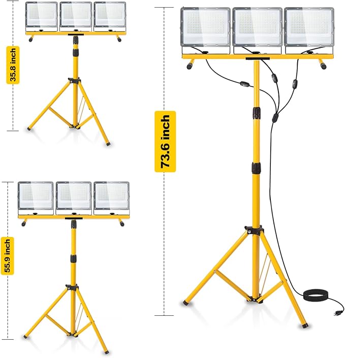 45000 Lumen LED Work Light with Stand, 3-Head Adjustable Lights with 16.5FT Extended Cord, IP65 Waterproof Work Lamp for Indoor & Outdoor Job Sites, Workshops, Construction, Garage Lighting