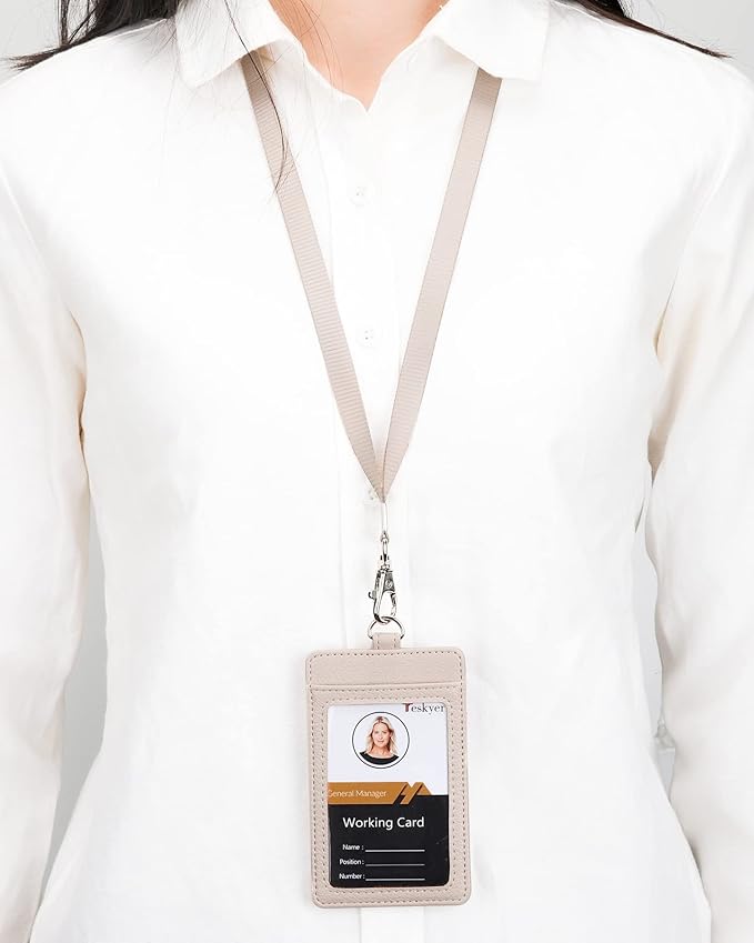 Teskyer Badge Holder with Lanyard, Leather ID Name Badge Card Holder with Lanyard for ID Badges, Vertical, Lychee Pattern Beige