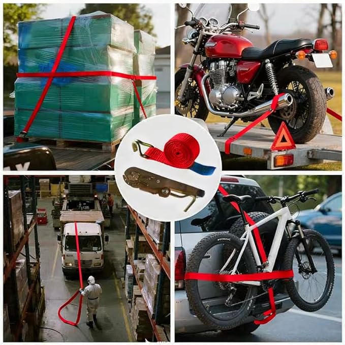 2 Pack Heavy Duty Ratchet Tie Down Straps 2" x39' – 11023 lbs Break Strength Cargo Straps with Metal Hooks for Truck, Trailer, Moving, Motorcycle & ATV, Red