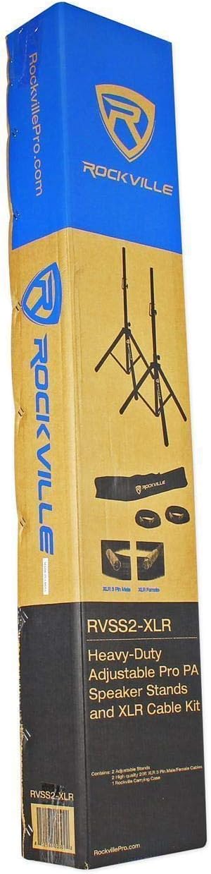 Rockville RVSS2-XLR Adjustable Tripod Speaker/Light Stands (2), 132 lbs Capacity, Includes (2) 20-Foot XLR Cables, Travel Bag, Steel Build, for DJs and Live Setups