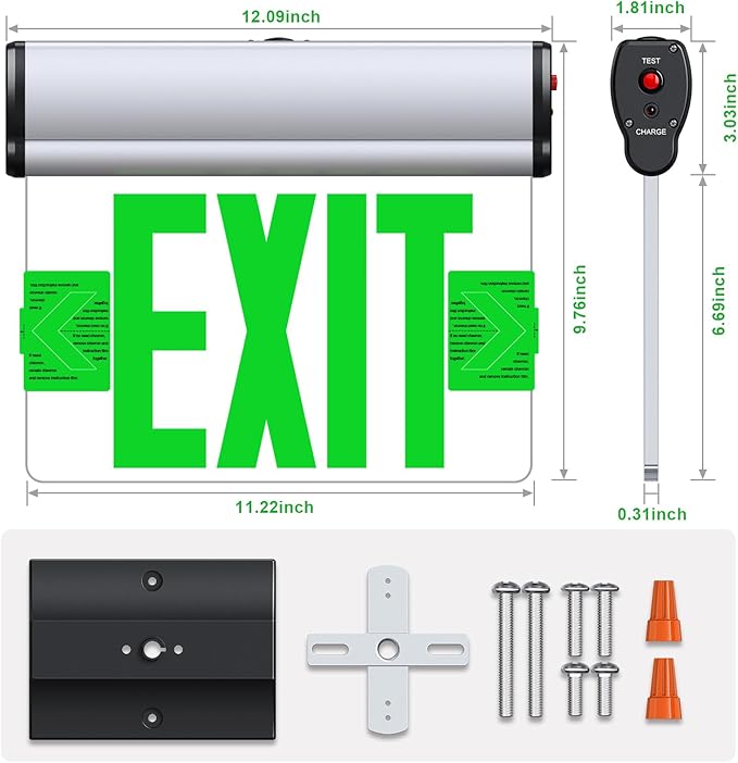 Led Edge-Lit Exit Sign ,Brushed Aluminum Housing Single-Sided Clear Rotating Acrylic Panel,Hardwired Emergency Exit Signs with Battery Backup, 120V-347VAC,Green Led Emergency Exit Light for Business , UL Listed,Top/Side/Wall Mount(1 Pack)