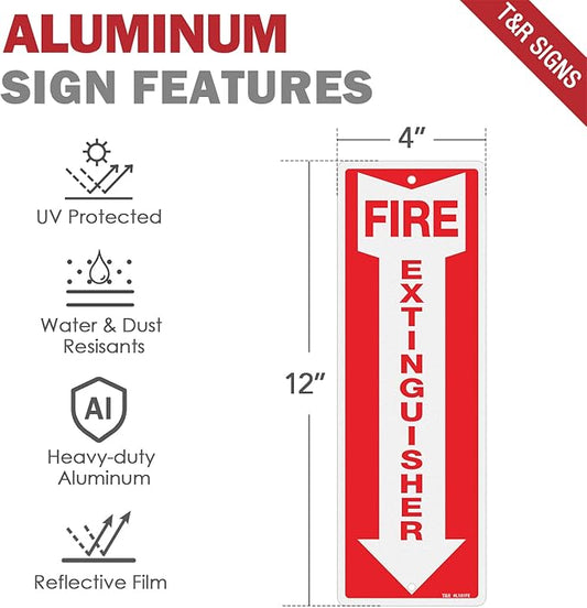 T&R Metal Fire Extinguisher Sign - 2 Pack - 12"x4" .040 Rust Free Heavy Aluminum, Reflective, Waterproof, Weatherproof and Fade Resistant, 2 pre-drilled holes, Easy to Install Indoors and Outdoors