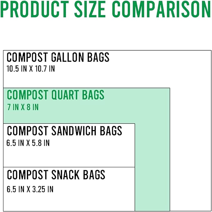 Compostable Quart Food Storage Freezer Bags, 180 Count | 2 Mil | 8 IN x 7 IN, Freshness Easy Open Biodegradable, Eco-Friendly Reclosable Compost Zipper Bags