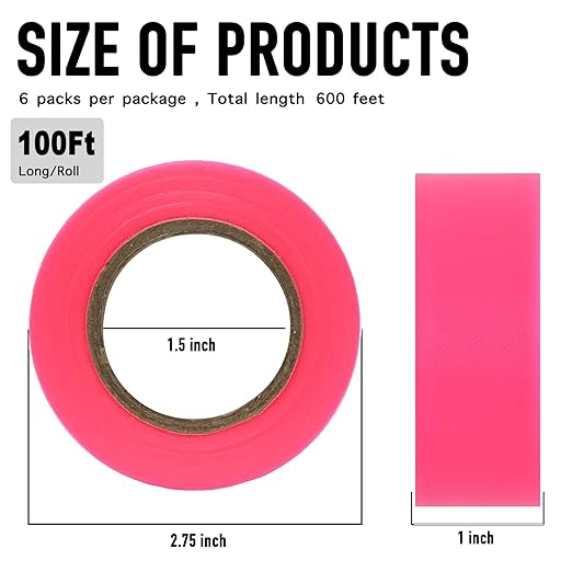 GEYYANG Fluorescent Pink Flagging Tape 6 Pack, Non-Adhesive Plastic Ribbon Tree Marking Tape, for Survey Boundaries, Hunting, Trail Marking and Hazardous Areas, 1" x 100ft,3.35 Mil