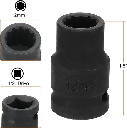 HARFINGTON 12-Point Impact Socket 1/2 Inch Drive 12mm Metric Cr-V Shallow Impact Socket Nut Driver Wrench for Auto Repair