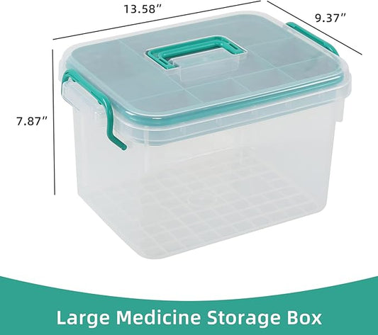 Medical Box, Plastic First Aid Storage Box, Emergency Supplies Medicine Organizer with Handle/Detachable Tray, Clear