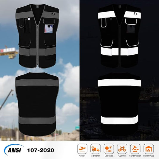 TCCFCCT Mesh Safety Vest for Men Women, 9 Pockets High Visibility Reflective Safety Vest, Hi Vis Construction Vest with Reflective Strips, Meets ANSI/ISEA Standards, (Black, Small)