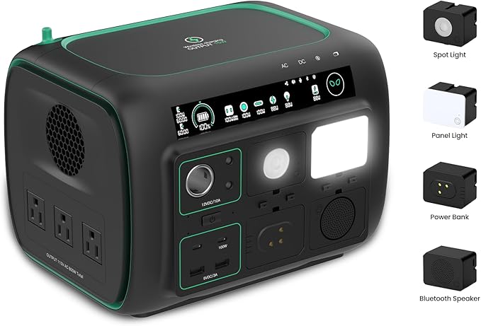 Portable Power Station, with Snap-on Light, Speaker & Charger, 800W Solar Generator, 512Wh Outdoor Power supply for Camping RV hiking, 100W USB-C Output, 3 AC Outlets