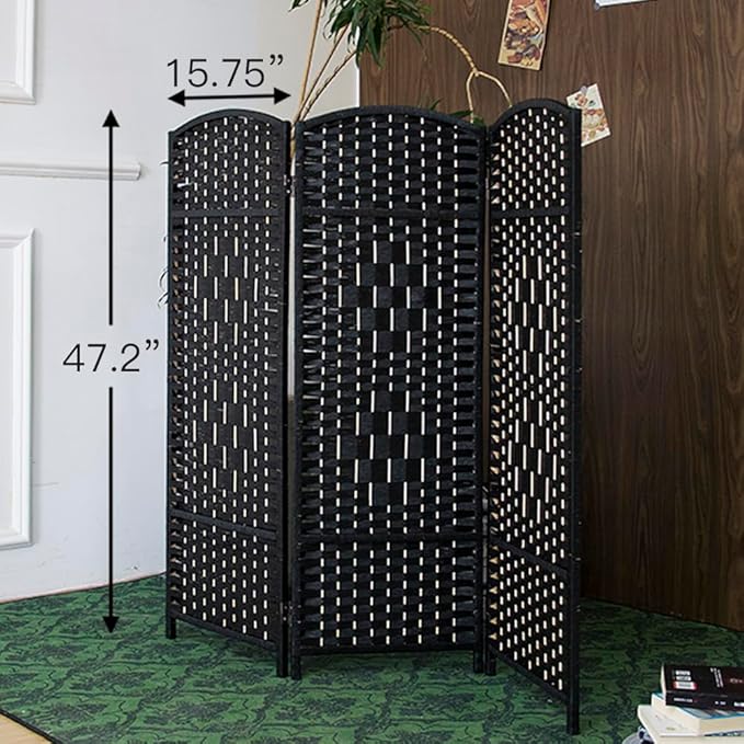 3 Panel Rattan Divider Short Room Partition Screen,Double Sided Folding Divider for Room Separation,Black,47.2" H x 47.2" W
