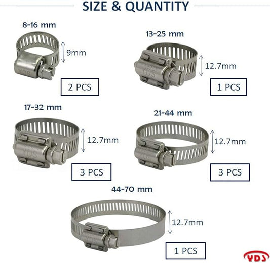 YDS 10 Piece Assorted Marine Hose Clamp 300 Stainless Steel in various size form 5/8” to 2-3/4”