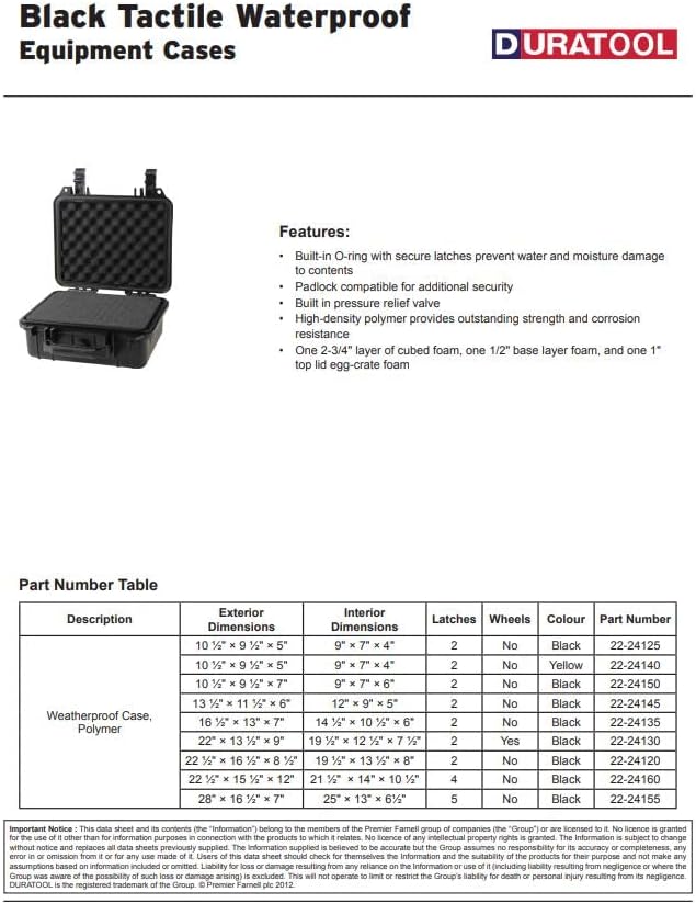 Large and Medium Size Weatherproof Equipment Cases, made of Polypropylene Plastic, Black with Foam Insert (13.5" X 11.5" X 6" (L x W x H))