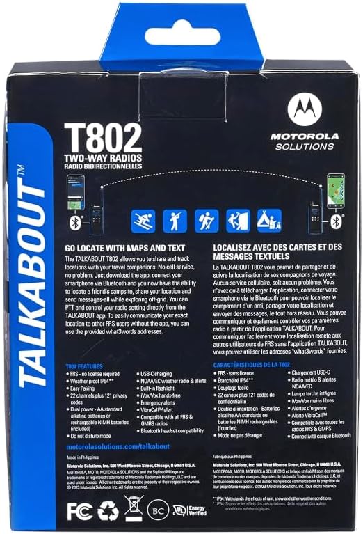 Motorola Solutions, Talkabout T802, Portable FRS Two Way Radio 6 Pack Walkie Talkies Blue/Black 22 Channels 3 Dual Charger Docks 6 PTT Earpieces