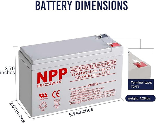 NPP HR1224W F2 12V 6Ah Battery – 12Volt 144Watts 24Watt/Cell Rechargeable AGM Sealed Lead Acid UPS Batteries Replacement for NS1250, High Rate Flame Retardant Alarm Emergency Light Backup