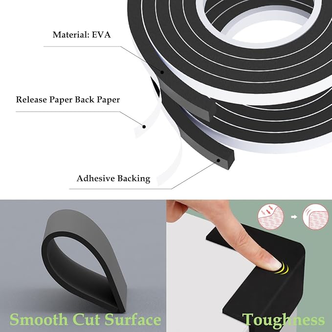 Weather Stripping Door Seal Black,1/2Inch Wide X 3/8Inch Thick,Air Conditioner Window Seal,Self Adhesive Foam Tape High Density Foam Sealing Strip,Soundproof Foam Tape Roll,2 Rolls Total 13.2Ft