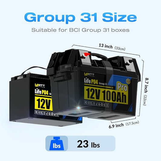 Wattcycle 12V 100Ah LiFePO4 Battery 4 Pack, Lithium Battery 12V 110A BMS, Lithium RV Batteries 15000+ Deep Cycles, Built-in Bluetooth, Monitor, Mobile APP, Perfect for Home Energy, RV, Marine, Solar