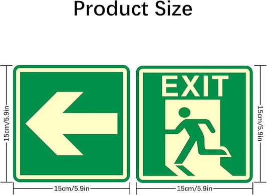 4 Pack Green 6"x6" PVC Emergency Exit Signs, Glow In The Dark, Adjustable Orientation, Waterproof & Dustproof, Easy Install with Adhesive Backing