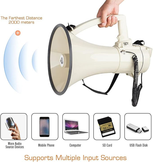 Heavy Duty 75W Professional Megaphone Bullhorn Speaker with Built-in Microphone-Rechargeable Battery&Portable Strap-Siren -USB/SD/AUX Input-Ideal for Football, Baseball,Coaches