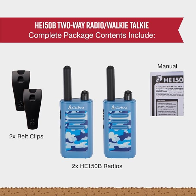 Cobra HE150 B - Kid Friendly Walkie Talkies - 16-Mile Range, 2 Channels Two-Way Radio Set, Blue (2-Pack)