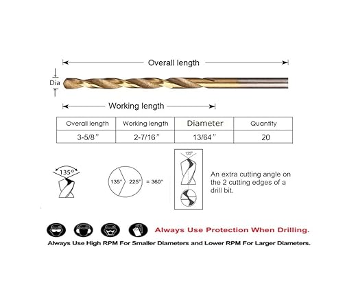 20PCS, 13/64", Titanium Coated Twist Drill Bits