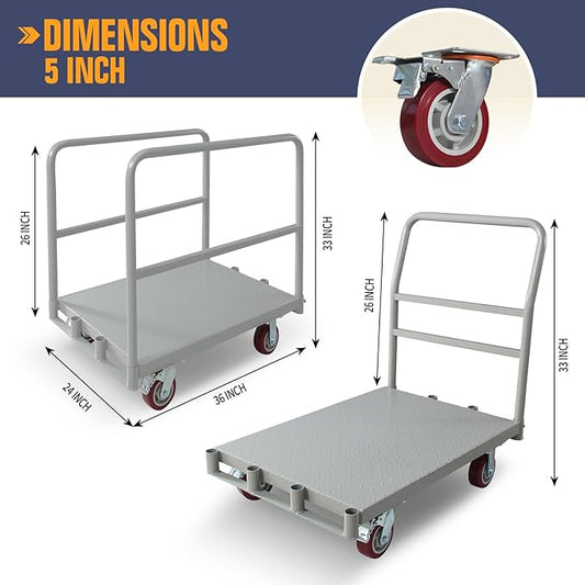 2IN1 Steel Panel Truck Cart, Lumber Cart Drywall Dolly,2500LBS Heavy Duty Flatbed Cart Dolly with 5" Swivel Brake Wheels, 2MM Plate Platform Truck with 1Front and 2Side Handrails