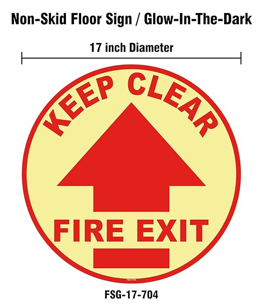 Stranco Glow in the Dark Sign Floor Sign "KEEP CLEAR FIRE EXIT" Non-Slip Permanent Acrylic Adhesive, 17" Red on White