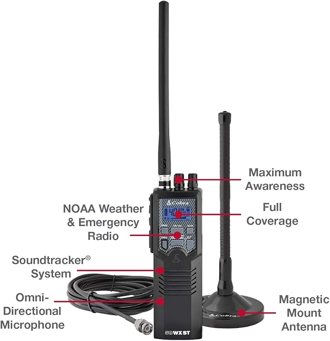 Cobra RX680 2 Watt Rugged Walkie Talkies - ( 2 Pack ) & HHRT50 Road Trip Cb Radio - Emergency Radio, Travel Essentials, 2-Way Handheld Black Radio with Rooftop Magnet Mount Antenna