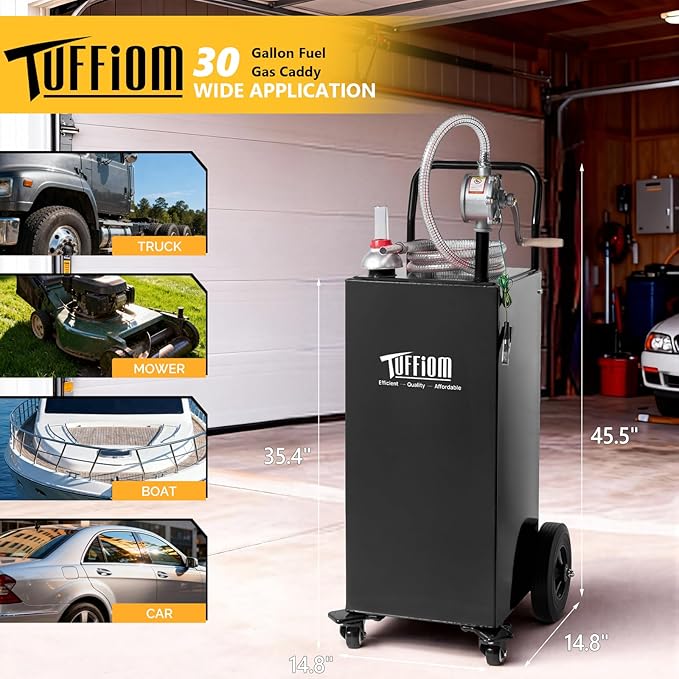 TUFFIOM 30 Gallon Portable Gas Caddy w/Swivel Wheels,Fuel Storage Tank, Gasoline Diesel Can with Fuel Transfer Rotary Hand Siphon Pump for Automobile ATV Car Mower Tractor Boat Motorcycle