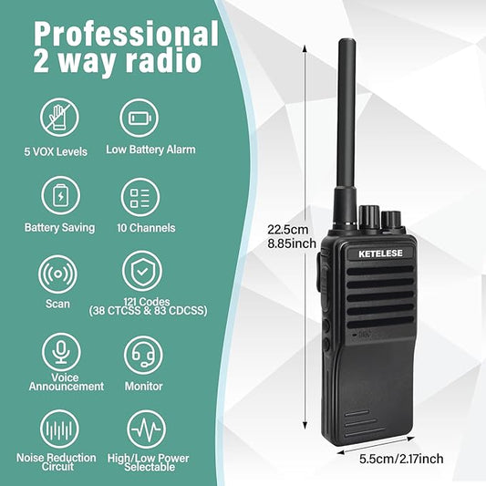 KETELESE KP01 Professional/Business Walkie Talkies, Programmable Walkie Talkies with Earpiece, Rechargeable, Two-Way Radio Set, for Camping Hiking Skiing(2 Pack), Black