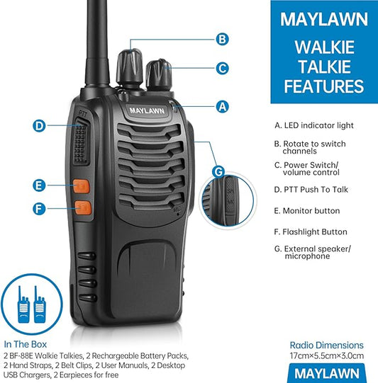 Walkie Talkies Pack of 2, Walkie Talkies Long Range for Adults with Rechargeable Batteries, Two Way Radios with LED Light Earpieces and Chargers, 16 Channels, Supports VOX Function