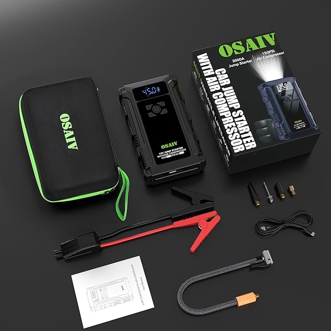 Jump Starter with Air Compressor, 3000A Car Battery Jump Box for 8.5 Gas/6.5L Diesel Vehicles, 150PSI Tire Inflator Auto-Shutoff, 10 Safety Modes, 3-Mode Emergency Light