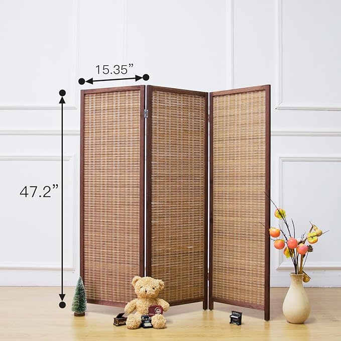 3 Panel Room Divider Short Folding Screen Divider,Double Sided Bamboo Divider Screen for Room Separation,Brown,47.2" H x 46.1" W