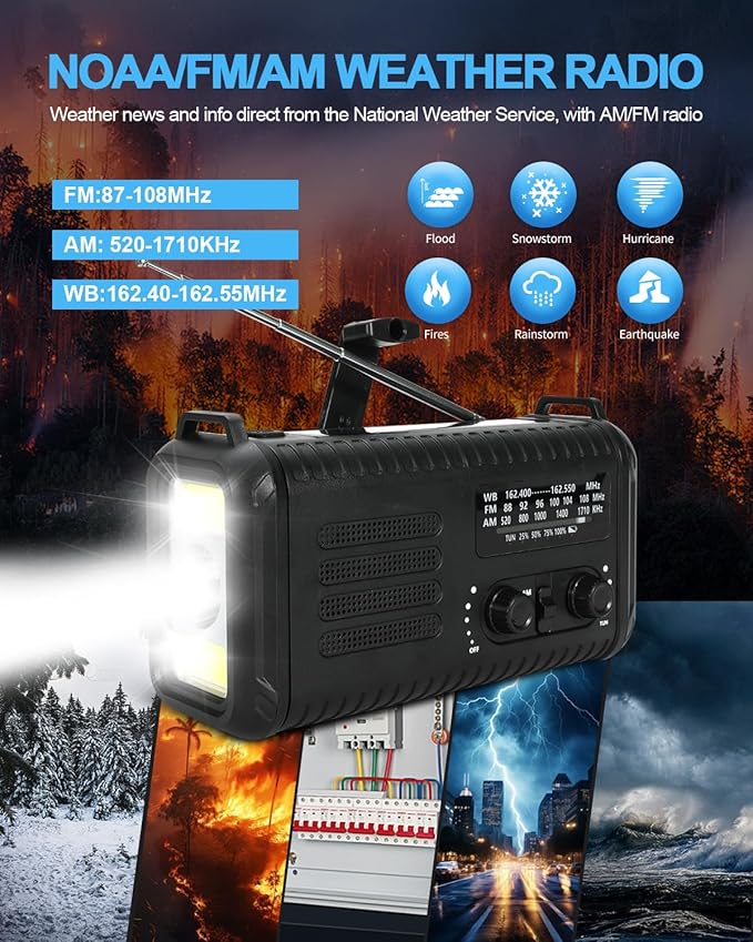 Emergency Crank Radio, 20000mAh / 74000mWh Solar Hand Crank Weather Radio with NOAA/AM/FM, Battery Powered Radio with Cell Phone Charger, Reading Lamp, Flashlight & SOS for Emergencies/Home (Black)