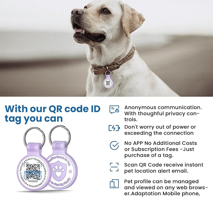 Silicone Dog Tags Personalized for Pets with QR Code, Emergency Contact Info, Anti-Lost, Scan Location Alerts(Purple-L)