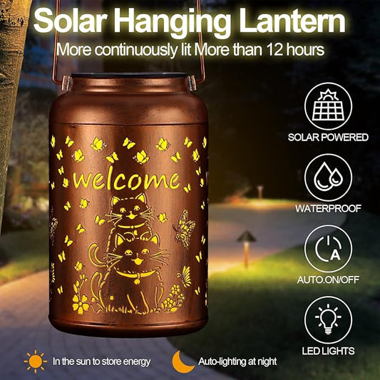 Solar Lantern Outdoor Hanging Waterproof Outside Metal Openwork Hummingbird Pattern Birthday Gifts for Women Mom Landscape Lights for Porch Garden Yard Patio Pathway Decor(Cat)