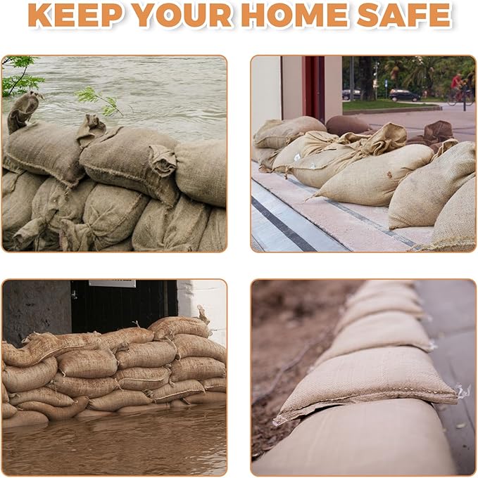 10-Pack Reusable Sandless Flood Barriers, 16x24 in Heavy-Duty Burlap Bags, Expands to 44 lbs for Home, Garage, Basement, or Tent Use