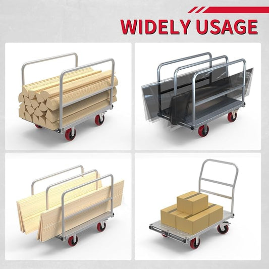 2IN1 Steel Panel Truck Cart, Lumber Cart Drywall Dolly,2500LBS Heavy Duty Flatbed Cart Dolly with 6" Swivel Brake Wheels, 40x24INCH 2MM Plate Platform Truck with 1Front and 3Side Handrails