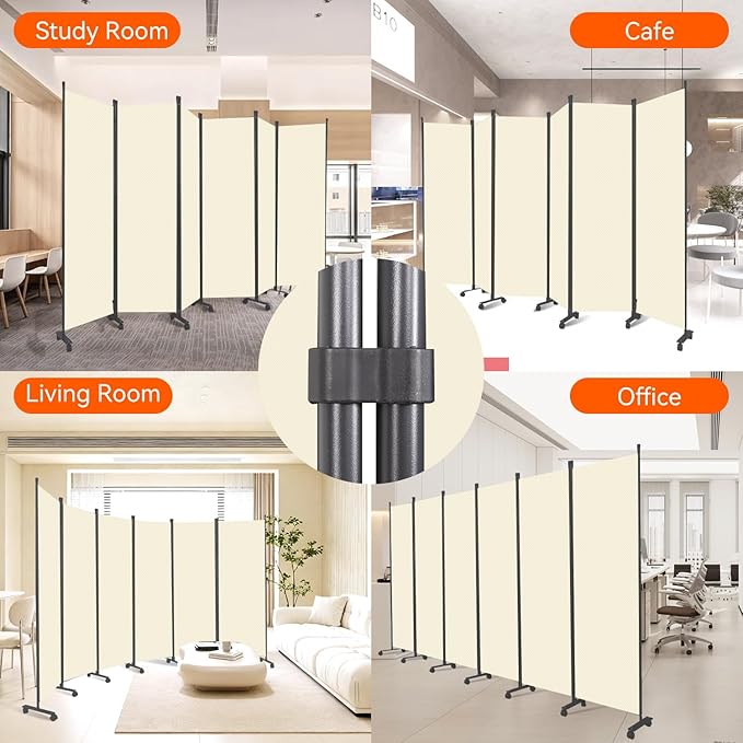Room Divider 132''W Wall Divider for Room Partition (Heavy Duty Base) 6 Panel Partition Room Dividers, Freestanding Room Divider Screen Separation W/Wheel Folding Privacy Screen Panel Space Separator