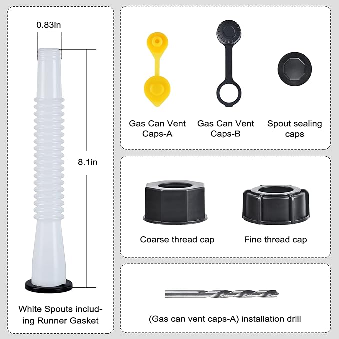 Gas Can Spout Replacement, Gas Can Nozzle Replacement (3 Kits-White). For 1/2/5/10 gallon gas cans. Upgraded replacement gas can spout with flexible nozzle, vent cap, thick rubber pad, spout cover