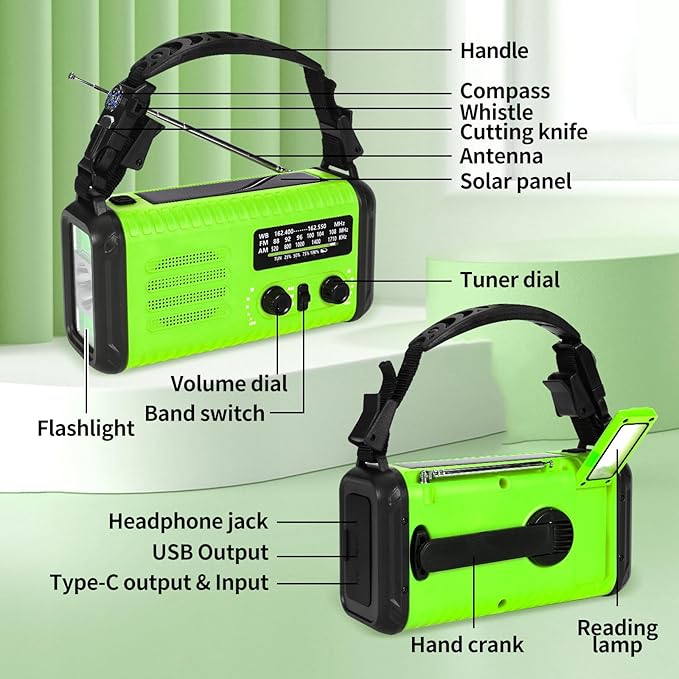 Emergency NOAA Weather Radio AM/FM, with Portable Solar/Hand Crank/USB Charging, 20000mAh/74000mWh Rechargeable Battery and Flashlight SOS Siren Lamp for Indoor/Outdoor Emergencies