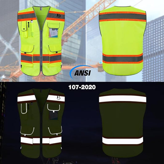TCCFCCT High Visibility Vest 9 Pockets Reflective Safety Vest for Men Women, Hi Vis Construction Work Vest with Orange Extend Edge for Surveyors, Durable to Use, Meets ANSI/ISEA, (DB-Yellow, X-Large)