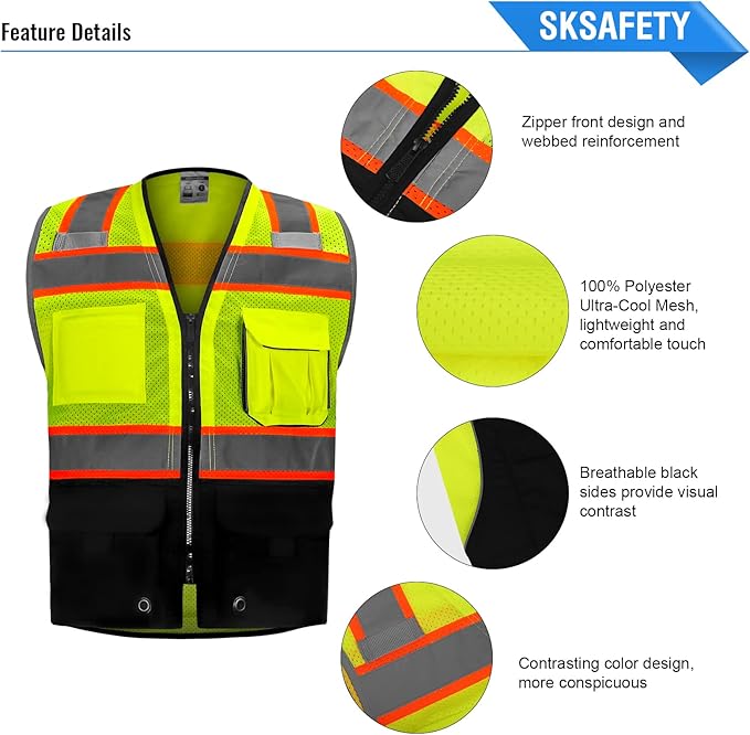 SKSAFETY Professional Safety Vest - Class 2 High Visibility with Reflective Strips, ANSI/ISEA Standard (Lime Black, L)