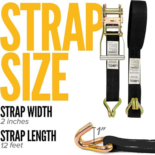 US Cargo Control Wire Hook Ratchet Straps 2 Inch x 12 Foot (10-Pack), 10,000 LBS Break Strength, Ratchet Straps Heavy Duty with Double J Hooks, Black Cargo Tie Downs for Flatbed Trailers and Trucks